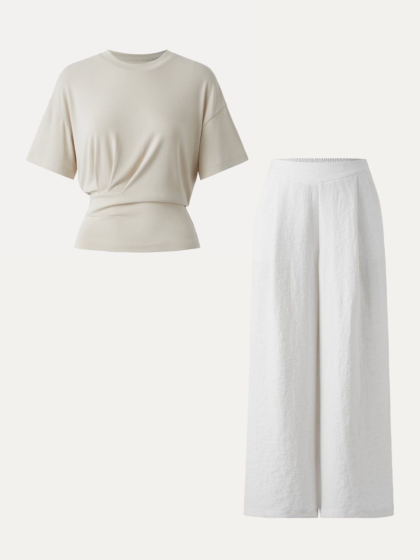 2Pcs Set Crewneck Tee & Mid Rise Wide Leg Pant with Pockets