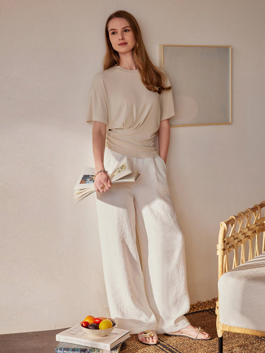 2Pcs Set Crewneck Tee & Mid Rise Wide Leg Pant with Pockets