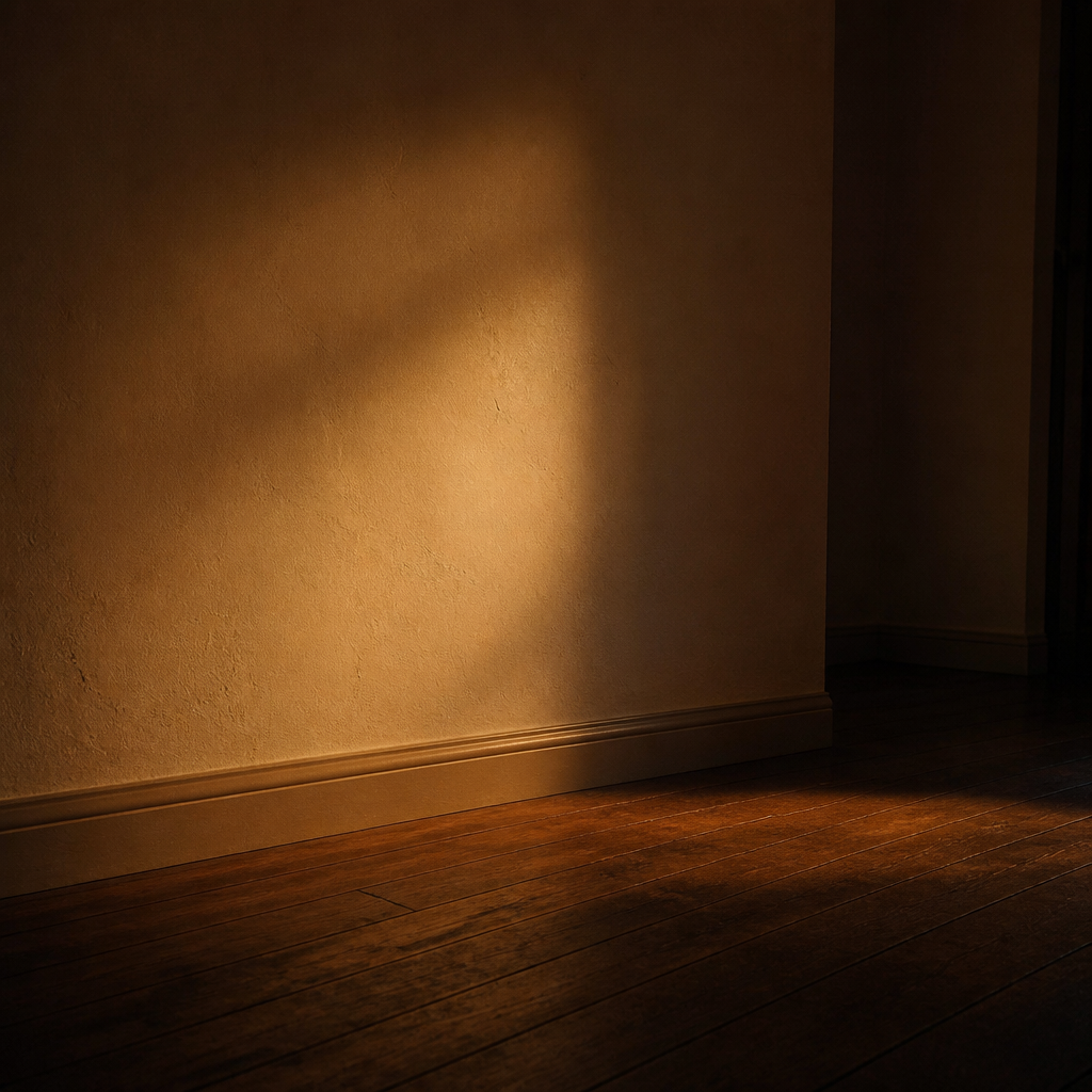 Warm lamplight across a wall in a dim evening room — atmosphere image, not the product