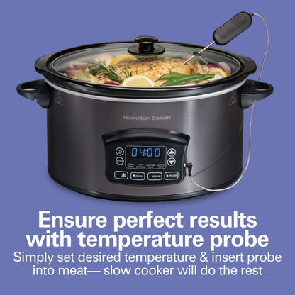 Hamilton Beach 6 Qt Programmable Slow Cooker with Defrost & Probe, Black