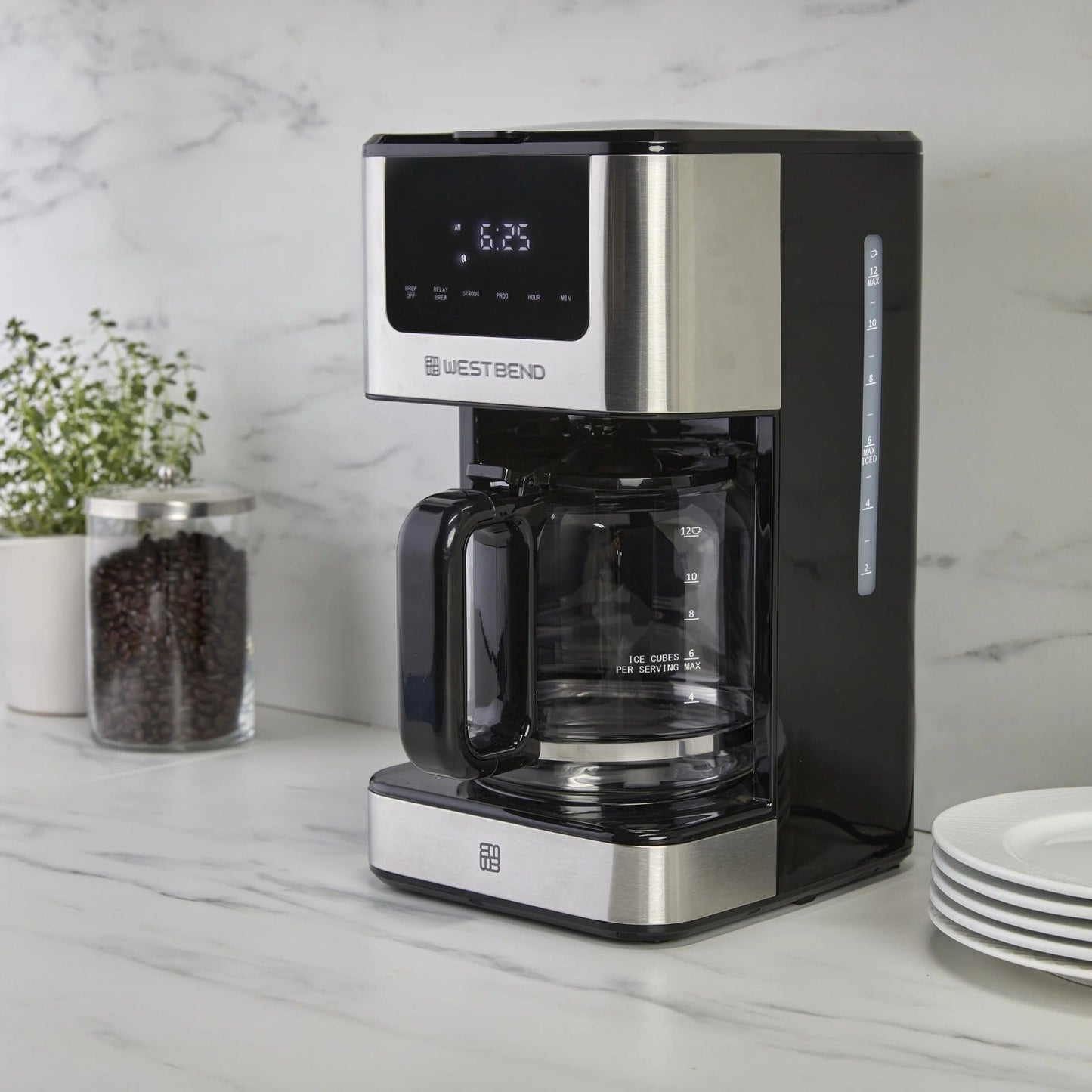 West Bend 12 Cup Hot & Iced Coffee Maker, Stainless Steel, Programmable, CMWB12B