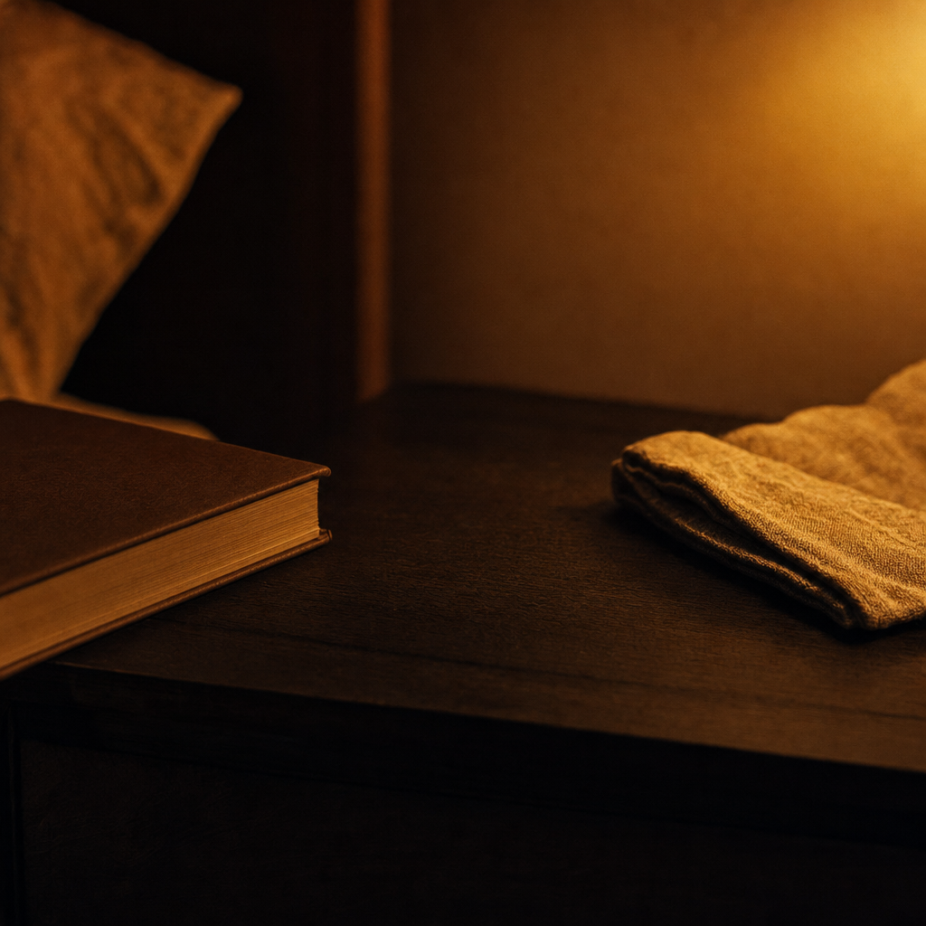 A bedside table at night lit by warm lamplight just out of frame